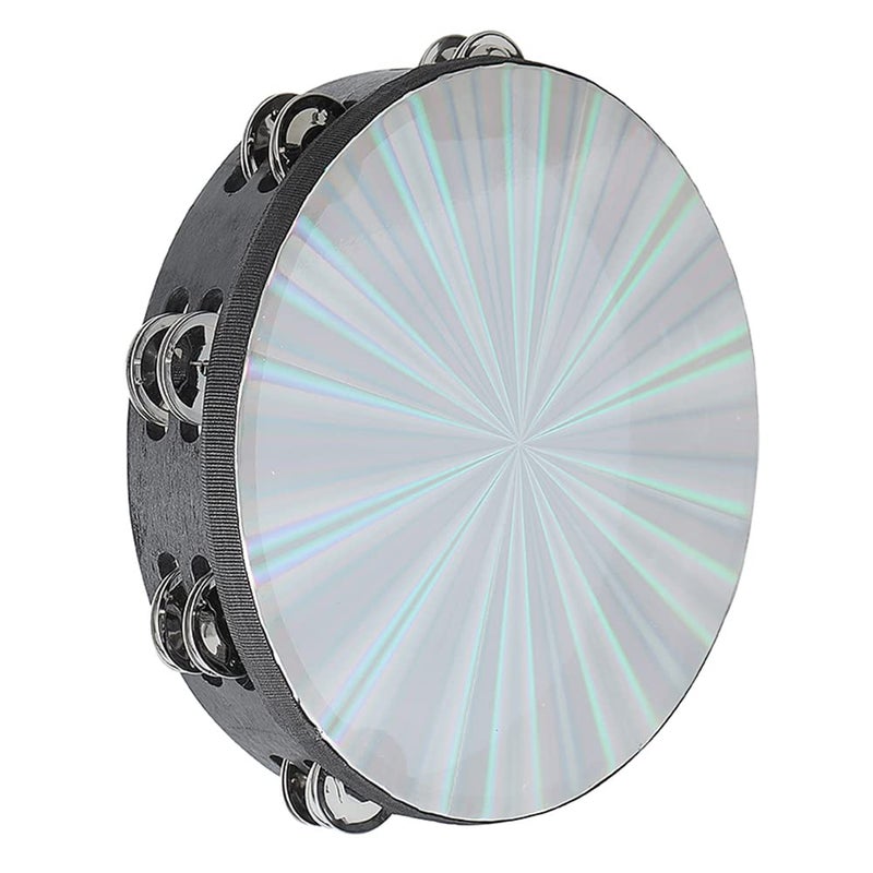 Musfunny Radiant Tambourine 10 inch for Adults 2-Row Jingles Bell Reflective Tambourines Hand Held Drum Musical Instrument for Kids Education KTV Party Church - 10 inch - Image 1
